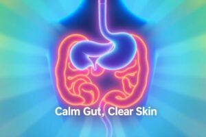 Illustration showing gut inflammation reduction leading to clearer skin.