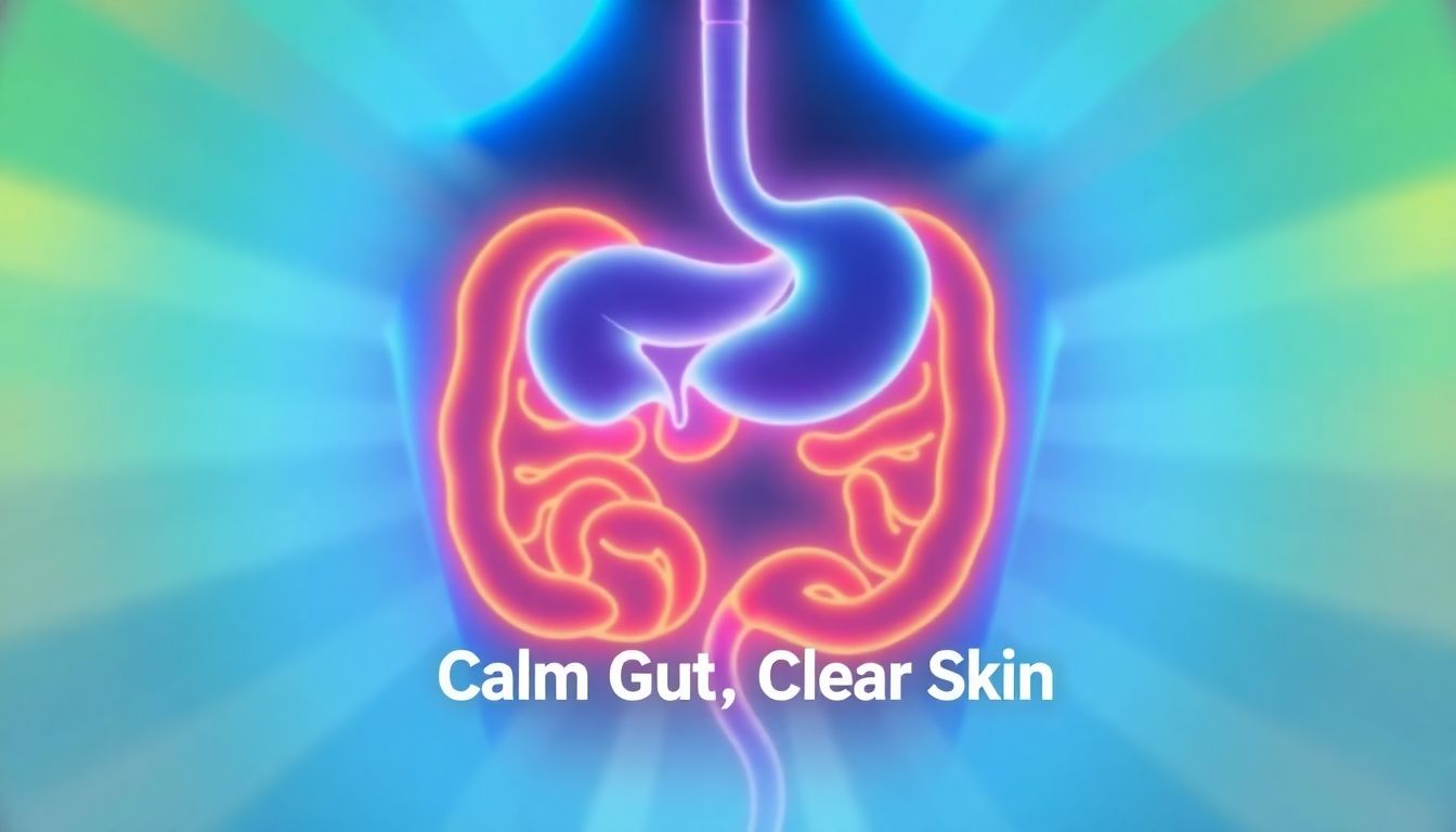 Illustration showing gut inflammation reduction leading to clearer skin.