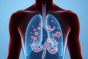 Diagram illustrating the gut-lung axis, showing how the gut microbiome and lungs communicate through the immune system.