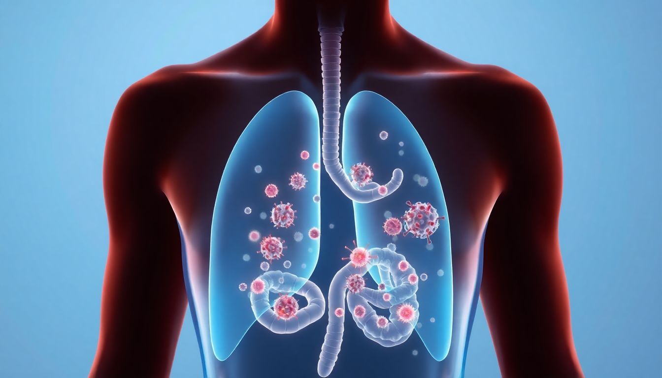 Diagram illustrating the gut-lung axis, showing how the gut microbiome and lungs communicate through the immune system.
