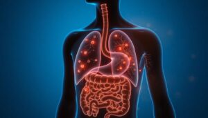 Medical illustration showing the gut-lung connection with digestive system and respiratory system linked through immune pathways