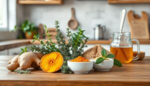 Five respiratory health herbs and spices: ginger, turmeric, oregano, thyme, and peppermint arranged beautifully on a kitchen counter with tea-making accessories.
