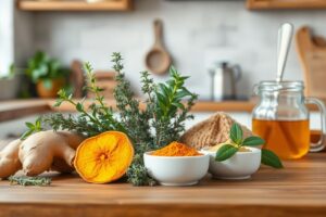 Five respiratory health herbs and spices: ginger, turmeric, oregano, thyme, and peppermint arranged beautifully on a kitchen counter with tea-making accessories.