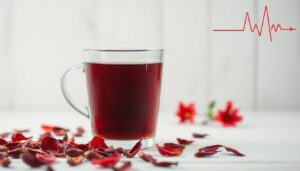 A steaming glass cup of red hibiscus tea surrounded by dried petals, symbolizing its natural role in supporting healthy blood pressure.