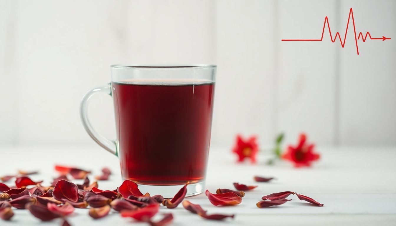 A steaming glass cup of red hibiscus tea surrounded by dried petals, symbolizing its natural role in supporting healthy blood pressure.