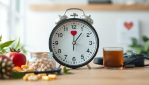 Healthy lifestyle items and a clock symbolizing how long natural remedies take to lower blood pressure safely.