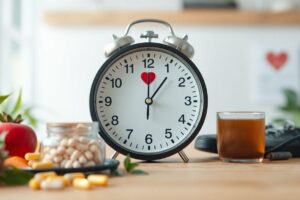 Healthy lifestyle items and a clock symbolizing how long natural remedies take to lower blood pressure safely.