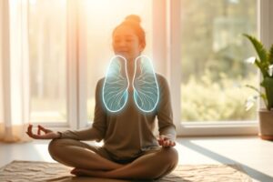 Woman meditating calmly in sunlight with glowing thyroid illustration near her neck, symbolizing stress relief and thyroid balance.