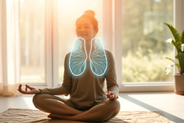 Woman meditating calmly in sunlight with glowing thyroid illustration near her neck, symbolizing stress relief and thyroid balance.