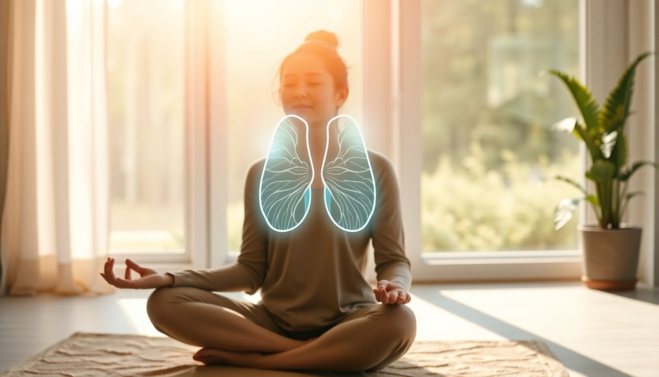 Woman meditating calmly in sunlight with glowing thyroid illustration near her neck, symbolizing stress relief and thyroid balance.