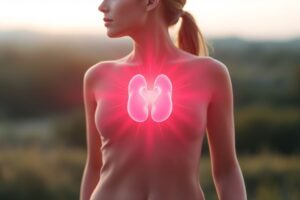 Illustration of a glowing thyroid gland radiating energy through a woman’s body, symbolizing how the thyroid affects metabolism and vitality.