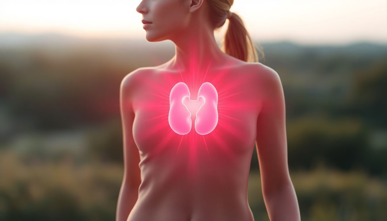 Illustration of a glowing thyroid gland radiating energy through a woman’s body, symbolizing how the thyroid affects metabolism and vitality.