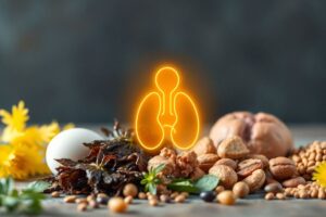 π§ The Role of Iodine and Selenium in Thyroid Function (Why These Two Minerals Matter Most) Natural sources of iodine and selenium such as seaweed, Brazil nuts, and fish arranged around a glowing thyroid illustration.