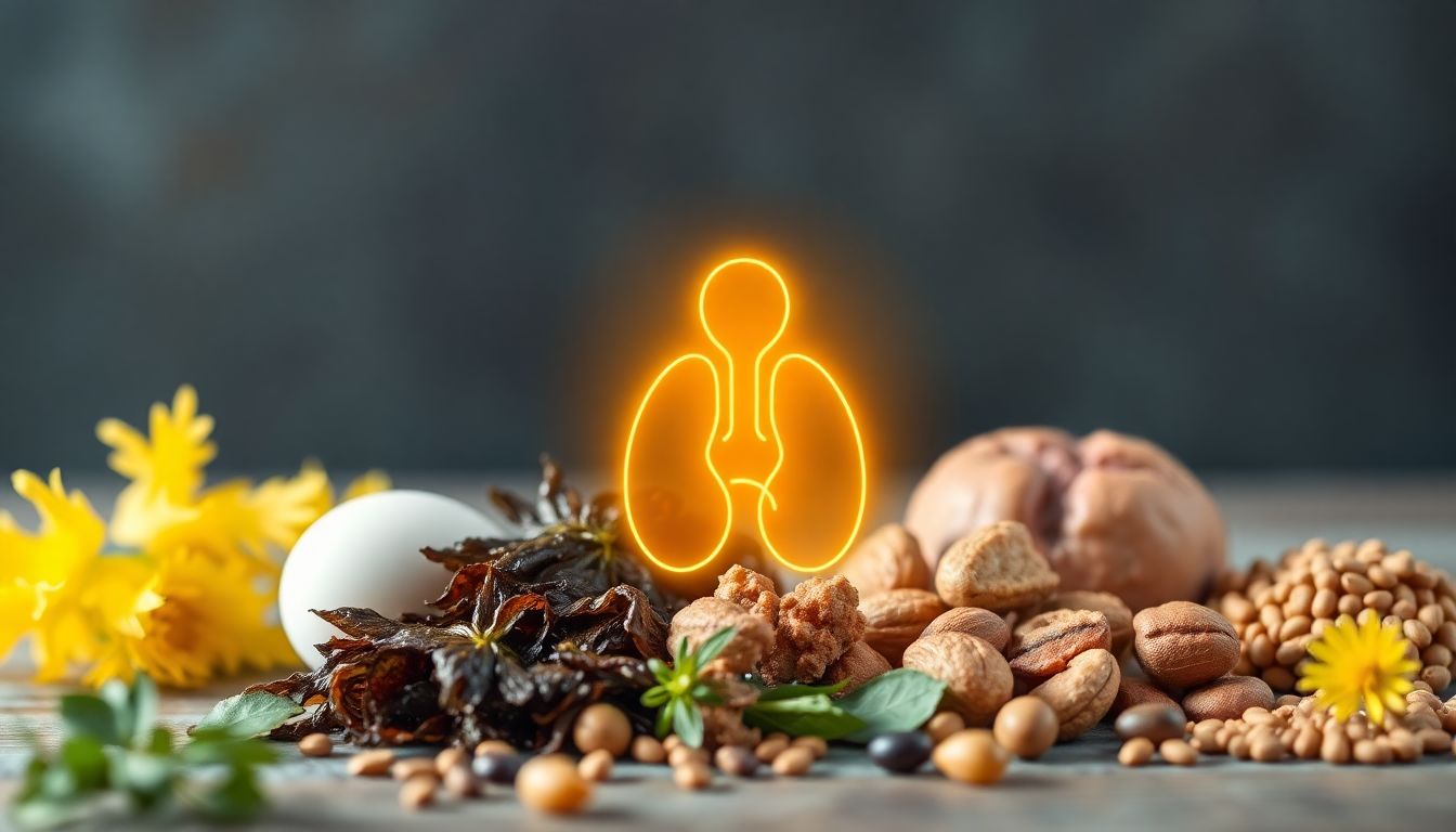 Natural sources of iodine and selenium such as seaweed, Brazil nuts, and fish arranged around a glowing thyroid illustration.