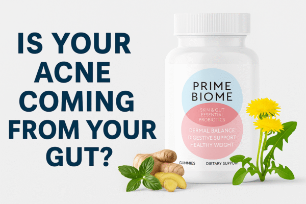 PrimeBiome probiotic supplement bottle with yogurt, leaves, and text “Is Your Acne Coming From Your Gut?”