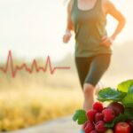 Woman jogging outdoors surrounded by healthy foods like berries and spinach, symbolizing natural ways to lower blood pressure.