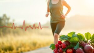 Woman jogging outdoors surrounded by healthy foods like berries and spinach, symbolizing natural ways to lower blood pressure.