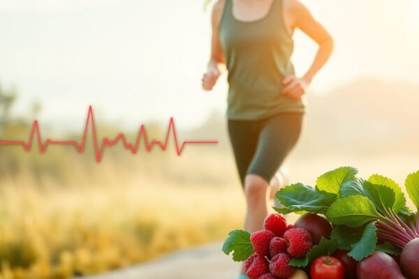 Woman jogging outdoors surrounded by healthy foods like berries and spinach, symbolizing natural ways to lower blood pressure.