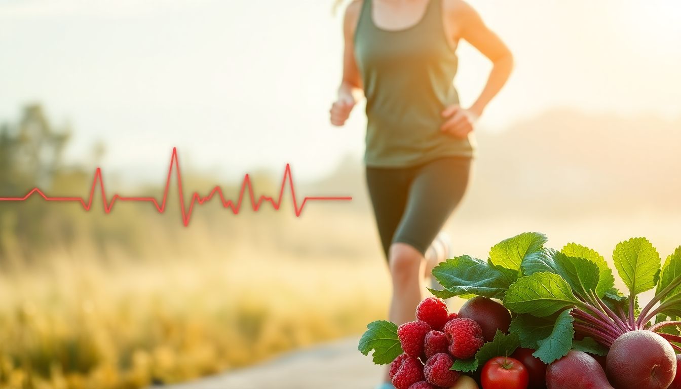 Woman jogging outdoors surrounded by healthy foods like berries and spinach, symbolizing natural ways to lower blood pressure.