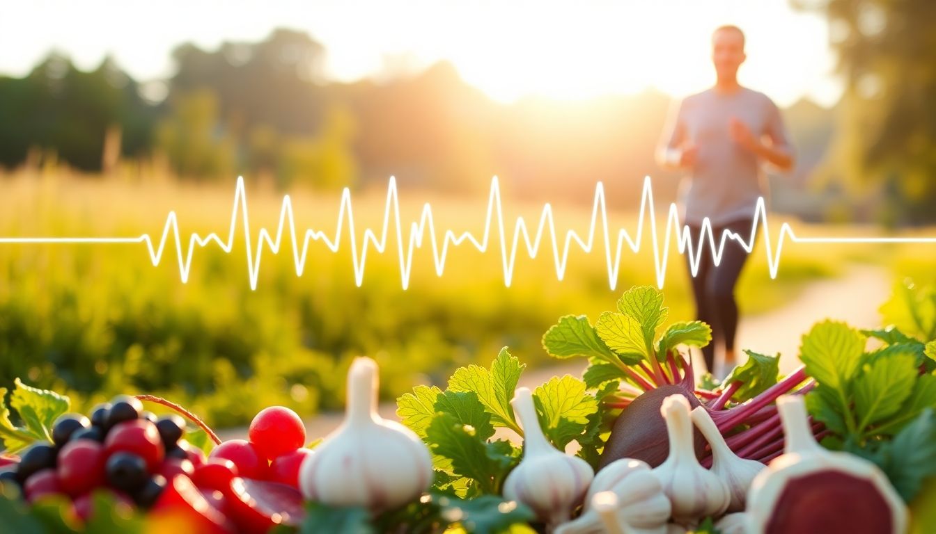 Healthy man jogging outdoors surrounded by heart-healthy foods and a subtle heartbeat graphic, representing natural ways to lower blood pressure.
