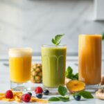 Three colorful lung-health smoothies in glasses with fresh ingredients including pineapple, ginger, berries, and greens arranged around them.