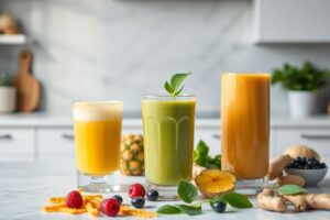 Three colorful lung-health smoothies in glasses with fresh ingredients including pineapple, ginger, berries, and greens arranged around them.