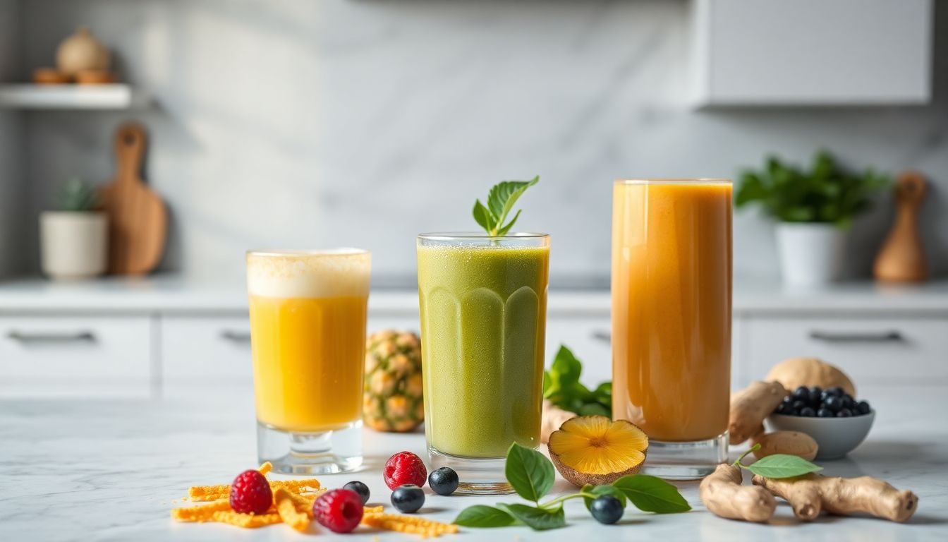 Three colorful lung-health smoothies in glasses with fresh ingredients including pineapple, ginger, berries, and greens arranged around them.