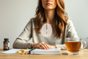Woman sitting with supplements and tea, gently touching her neck with a glowing thyroid illustration, symbolizing common mistakes in thyroid symptom management.