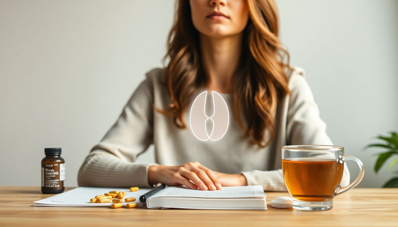 Woman sitting with supplements and tea, gently touching her neck with a glowing thyroid illustration, symbolizing common mistakes in thyroid symptom management.