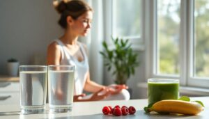 Person practicing morning yoga with a glass of water and fruit nearby, representing healthy morning habits that help reduce high blood pressure naturally.