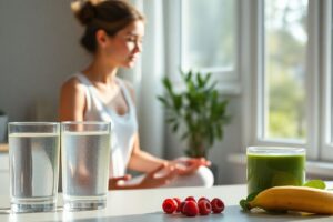 Person practicing morning yoga with a glass of water and fruit nearby, representing healthy morning habits that help reduce high blood pressure naturally.