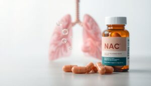 NAC (N-Acetylcysteine) supplement capsules with visual representation of mucus breakdown and lung health improvement
