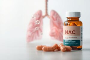 NAC (N-Acetylcysteine) supplement capsules with visual representation of mucus breakdown and lung health improvement