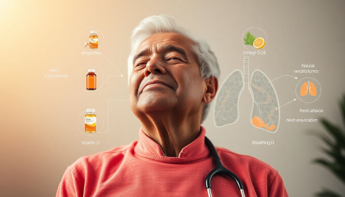 Science-backed natural remedies for COPD including supplements, healthy foods, and breathing techniques shown with a person breathing comfortably.