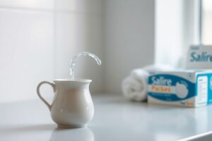 A person safely using a white neti pot for nasal irrigation to relieve sinus congestion and post-nasal drip.