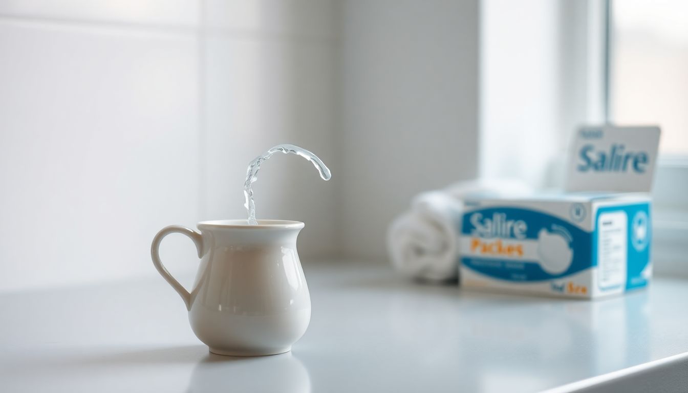 A person safely using a white neti pot for nasal irrigation to relieve sinus congestion and post-nasal drip.