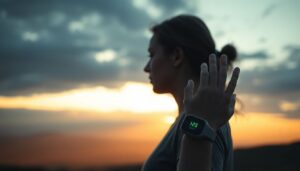Person practicing breathing exercises for post-COVID lung recovery with sunrise background