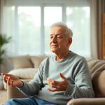 Serene older adult practicing pursed-lip breathing technique to relieve shortness of breath in a comfortable home setting.