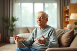 Serene older adult practicing pursed-lip breathing technique to relieve shortness of breath in a comfortable home setting.