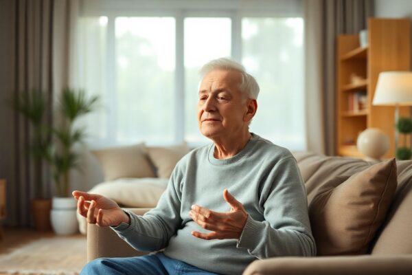 Serene older adult practicing pursed-lip breathing technique to relieve shortness of breath in a comfortable home setting.