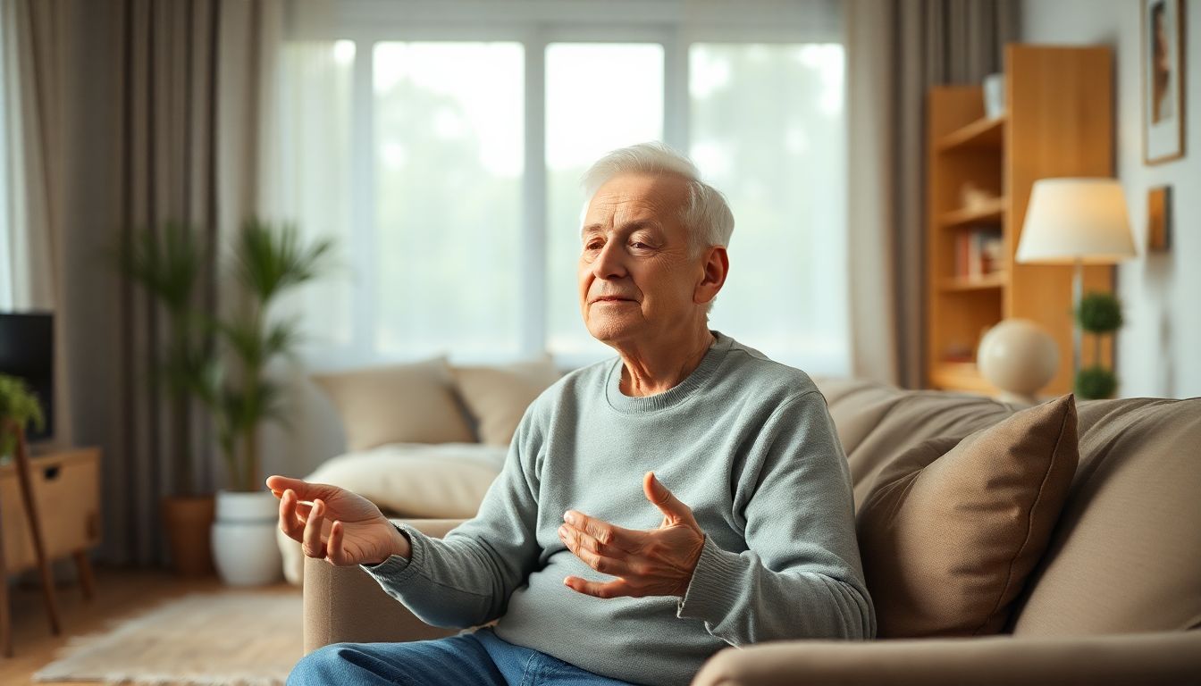 Serene older adult practicing pursed-lip breathing technique to relieve shortness of breath in a comfortable home setting.