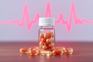 CoQ10 softgels beside a red heart icon representing the connection between CoQ10, blood pressure, and cardiovascular health.