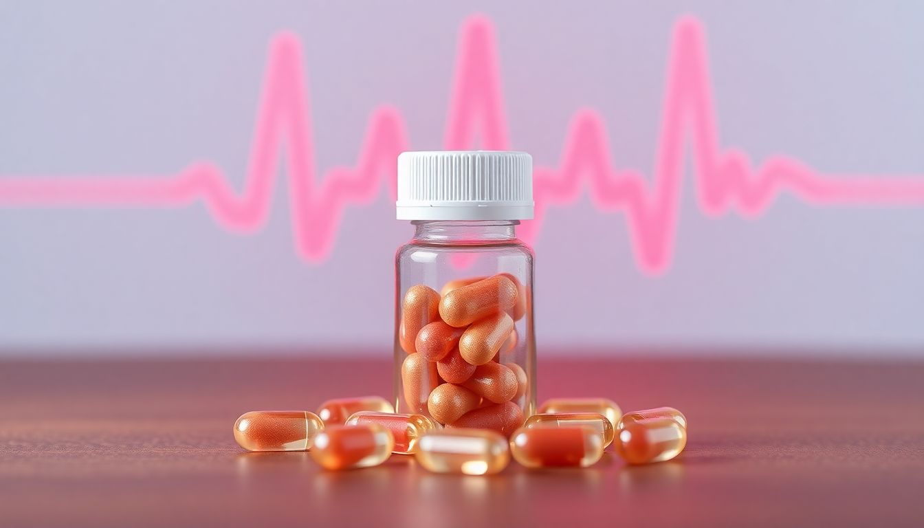 CoQ10 softgels beside a red heart icon representing the connection between CoQ10, blood pressure, and cardiovascular health.