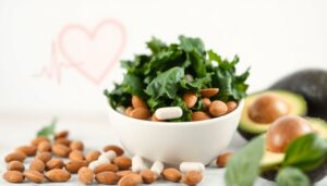 Magnesium capsules beside leafy greens and almonds, representing the role of magnesium in supporting healthy blood pressure.
