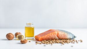 Fish oil capsules beside salmon and walnuts, representing the role of omega-3 fatty acids in supporting heart and blood pressure health.