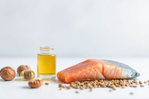 Fish oil capsules beside salmon and walnuts, representing the role of omega-3 fatty acids in supporting heart and blood pressure health.