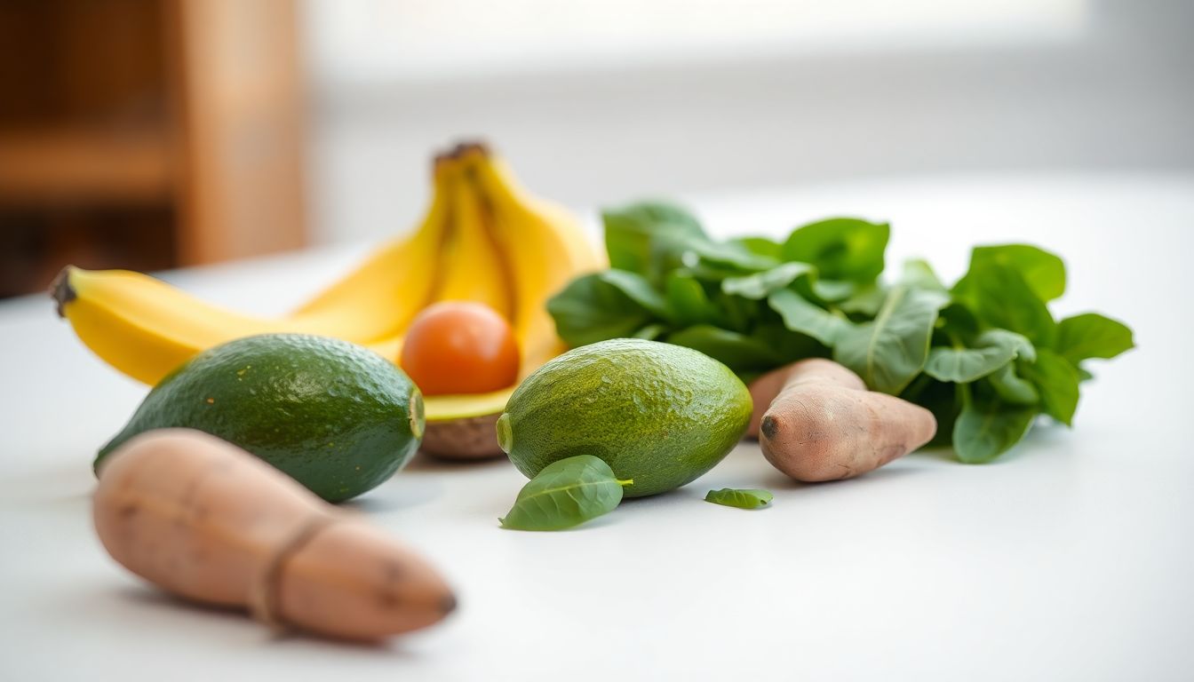 Fresh bananas, spinach, and avocados arranged together, symbolizing potassium’s role in balancing blood pressure naturally.