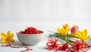 Bright saffron threads and crocus flowers arranged on a clean background, symbolizing saffron’s natural support for blood pressure and heart health.