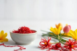 Bright saffron threads and crocus flowers arranged on a clean background, symbolizing saffron’s natural support for blood pressure and heart health.