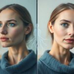 Woman comparing aging vs. glowing skin with microbiome overlay.